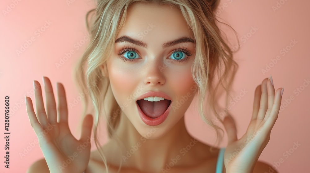 A young woman showcases her surprise with wide eyes and an open mouth, raising her hands in a palm-up gesture. The scene has a bright, cheerful atmosphere, perfect for capturing excitement A young woman showcases her surprise with wide eyes and an open mouth, raising her hands in a palm-up gesture. The scene has a bright, cheerful atmosphere, perfect for capturing excitement