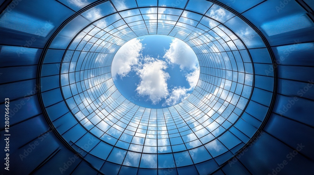 Naklejka premium Circular glass ceiling of modern building showcasing a blue sky and clouds.