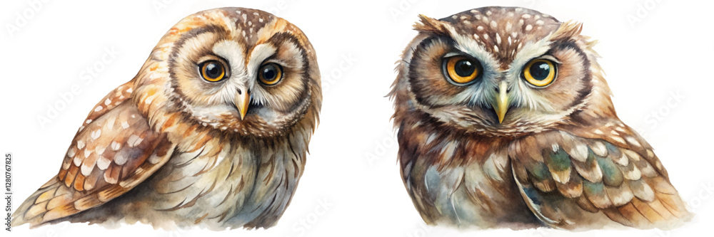 Fototapeta premium Realistic owl illustrations, watercolor style, vibrant colors, wildlife art, nature themes, educational purposes.
