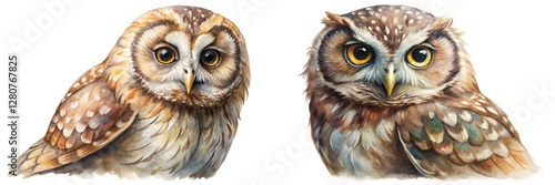 Realistic owl illustrations, watercolor style, vibrant colors, wildlife art, nature themes, educational purposes.