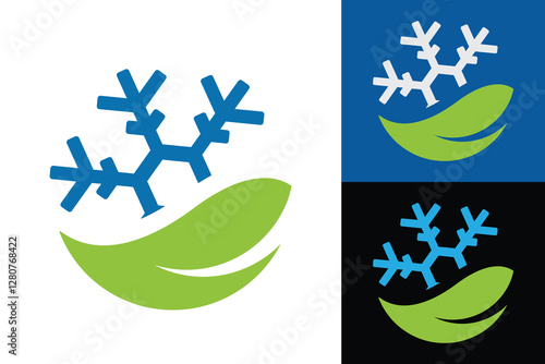 The image shows a flat logo design of a snowflake and a green leaf that looks clean and modern on a white background..eps