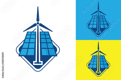 The image shows a flat logo design of a solar panel with wind turbine in blue color that looks clean and modern on a white background.