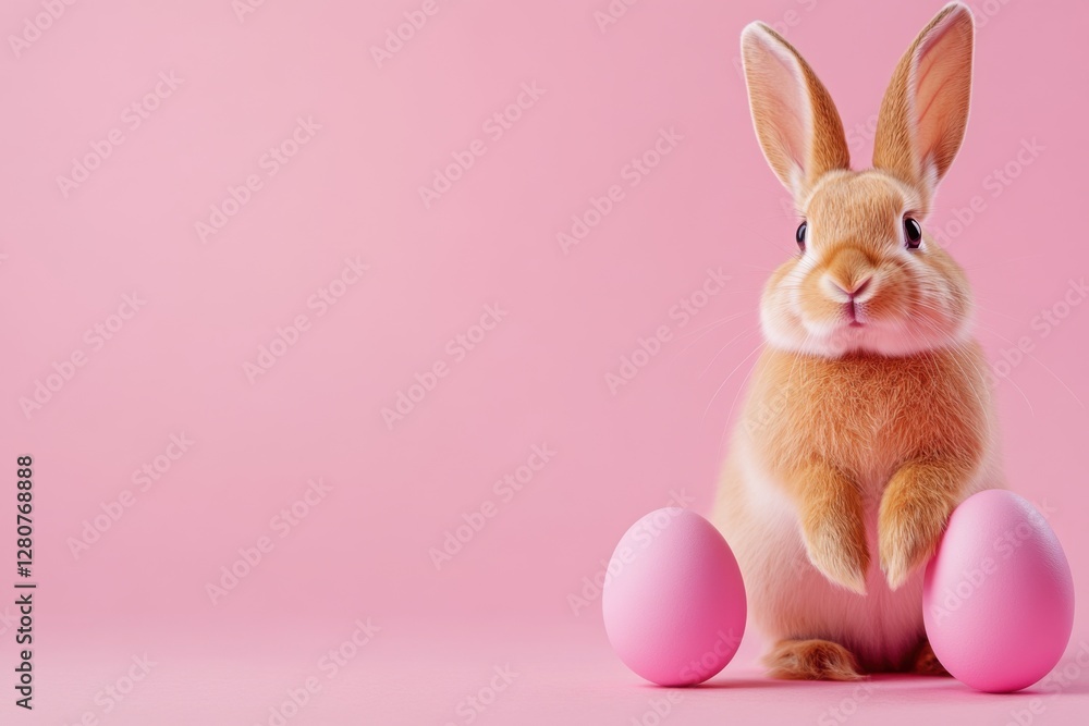 Easter bunny rabbit playing with pink painted egg on pink background. Easter concept, April holiday wallpaper. Copy space. Easter bunny rabbit playing with pink painted egg on pink background. Easter concept, April holiday wallpaper. Copy space.