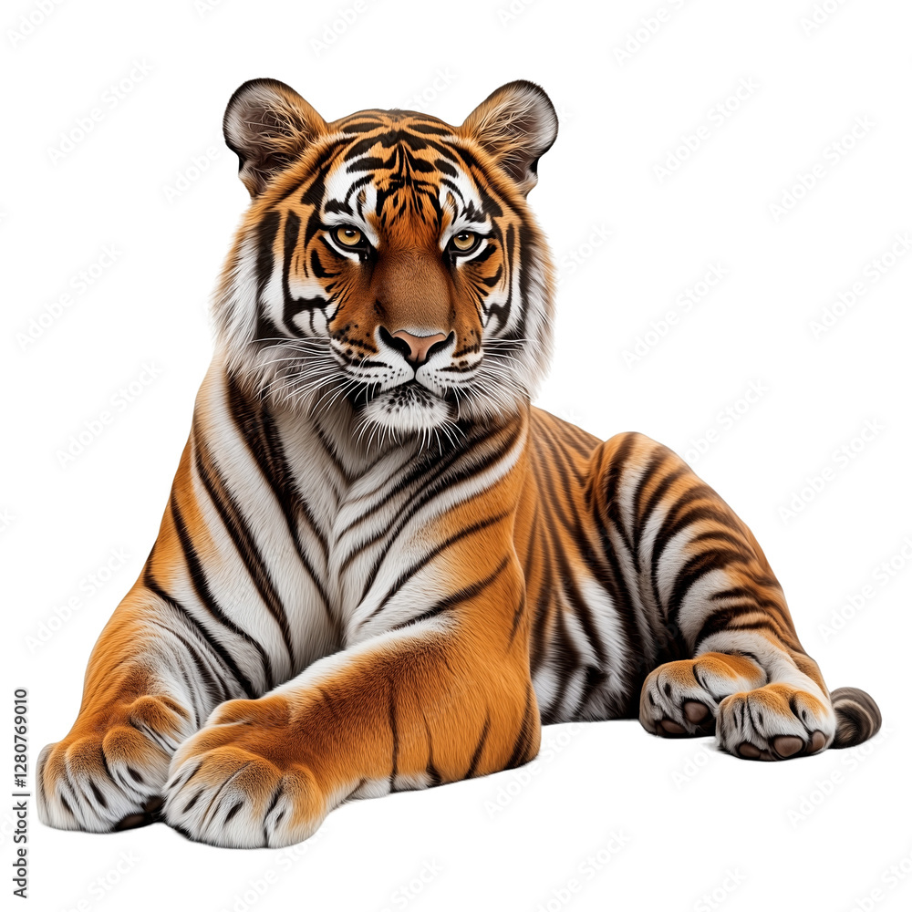Obraz premium Realistic Bengal tiger lying down on a transparent background.