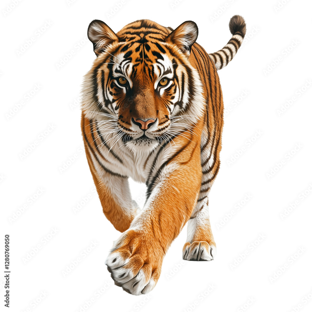 Naklejka premium Walking Bengal tiger with intense gaze on a transparent background.