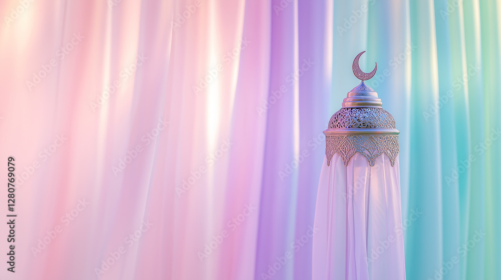 Elegant Islamic lantern casting warm light and shadows on flowing curtains Elegant Islamic lantern casting warm light and shadows on flowing curtains