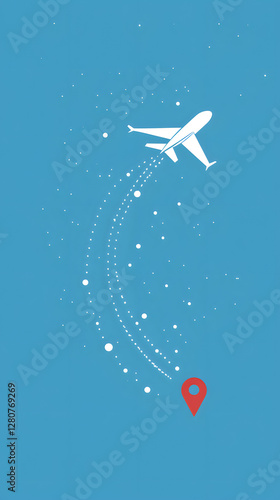 A simple vector graphic of an airplane flying, white dots on a blue background, and a red location pin
