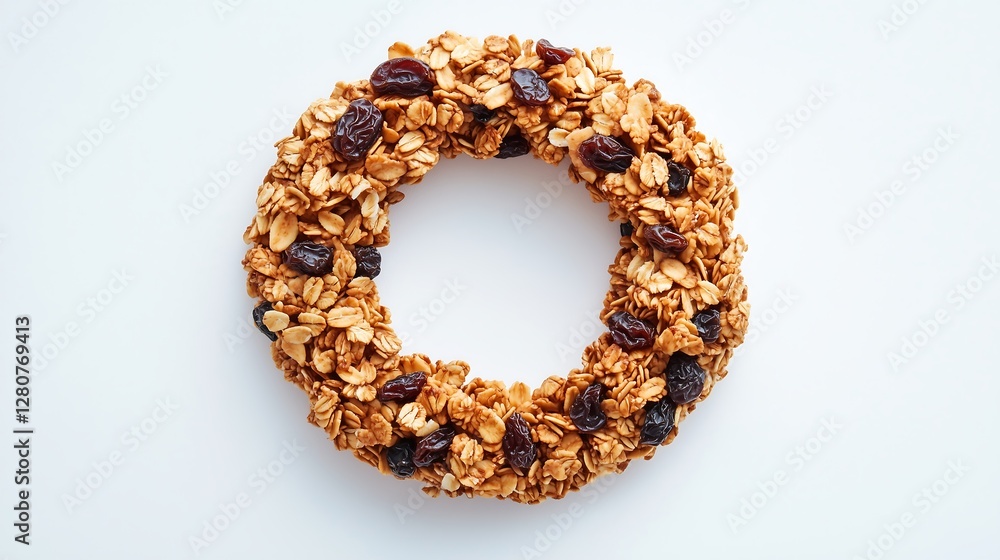 Roasted oats granola cereal with chocolate chips in a ring shape, assorted grains mix nuts seeds white background Roasted oats granola cereal with chocolate chips in a ring shape, assorted grains mix nuts seeds white background