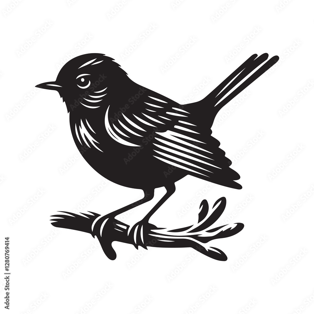 Fototapeta premium Robin bird Silhouette Vector Illustration, Solid White Background.