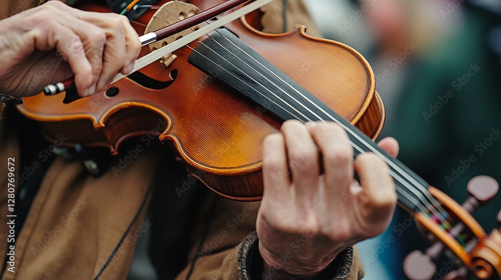 Playing Violin Outdoors Musician Performing with Fiddle in Public Space Playing Violin Outdoors Musician Performing with Fiddle in Public Space
