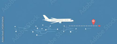 A simple vector graphic of an airplane flying, white dots on a blue background, and a red location pin
