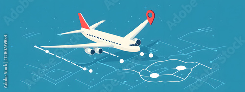 A simple vector graphic of an airplane flying, white dots on a blue background, and a red location pin
