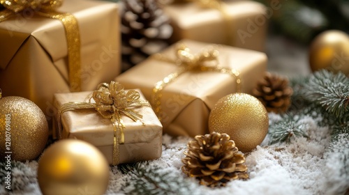 Festive Christmas decorations with gold ornaments pine cones and wrapped gifts