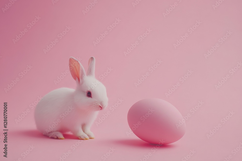 Easter bunny rabbit playing with pink painted egg on pink background. Easter concept, April holiday wallpaper. Copy space. Easter bunny rabbit playing with pink painted egg on pink background. Easter concept, April holiday wallpaper. Copy space.