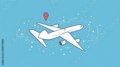 A simple vector graphic of an airplane flying, white dots on a blue background, and a red location pin
