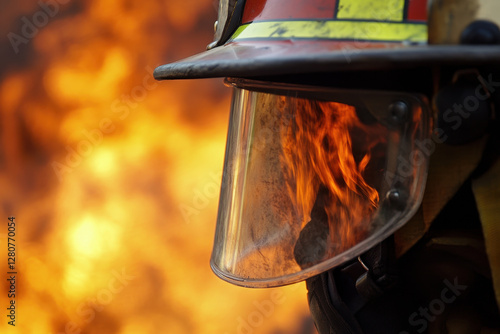 Close-up of a firefighter's helmet reflecting the orange glow of flames as they fight a fire