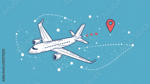 A simple vector graphic of an airplane flying, white dots on a blue background, and a red location pin
