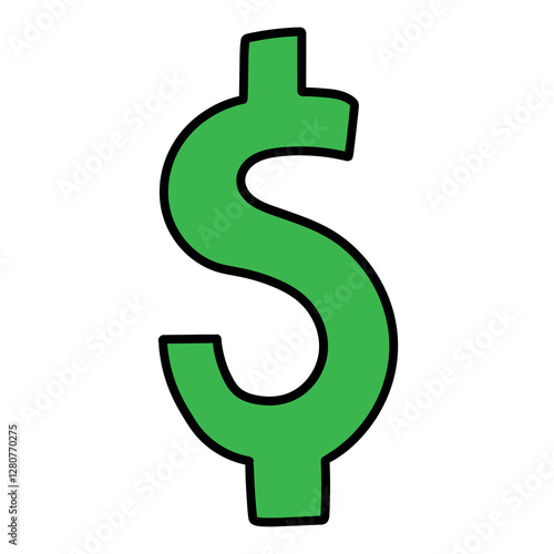 Hand drawn cartoon green dollar sign on white background.