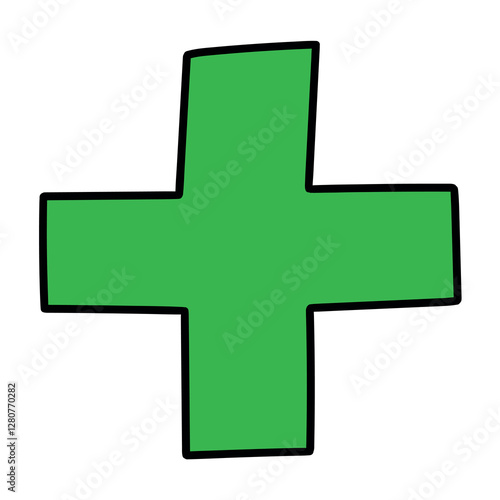 Hand drawn cartoon green plus sign on white background.