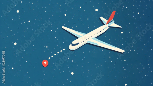 A simple vector graphic of an airplane flying, white dots on a blue background, and a red location pin
