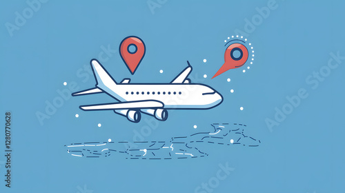 A simple vector graphic of an airplane flying, white dots on a blue background, and a red location pin
