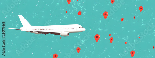 A simple vector graphic of an airplane flying, white dots on a blue background, and a red location pin
