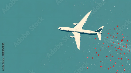 A simple vector graphic of an airplane flying, white dots on a blue background, and a red location pin
