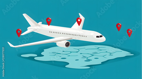 A simple vector graphic of an airplane flying, white dots on a blue background, and a red location pin

