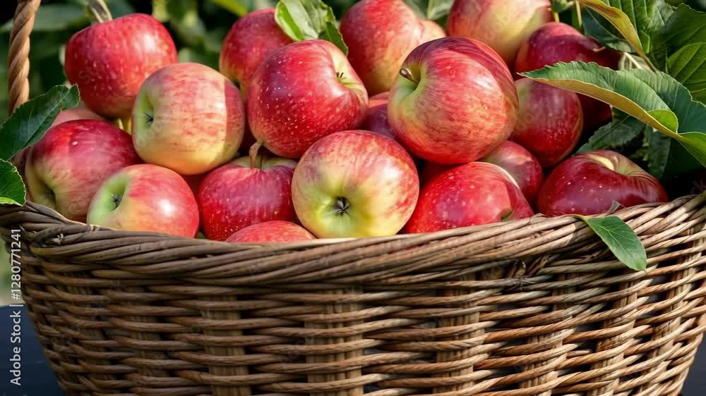 Fresh red apples in wicker basket among green leaves in orchard Apple Gifting Day Fresh red apples in wicker basket among green leaves in orchard Apple Gifting Day