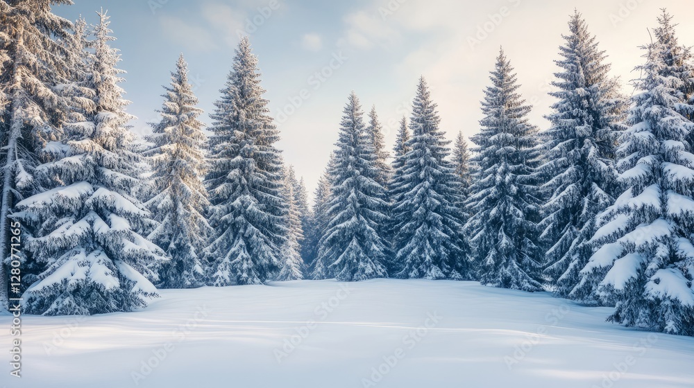 Snowcovered forest with tall pine trees winter wonderland scenery Snowcovered forest with tall pine trees winter wonderland scenery
