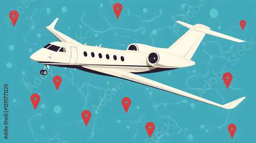A simple vector graphic of an airplane flying, white dots on a blue background, and a red location pin
