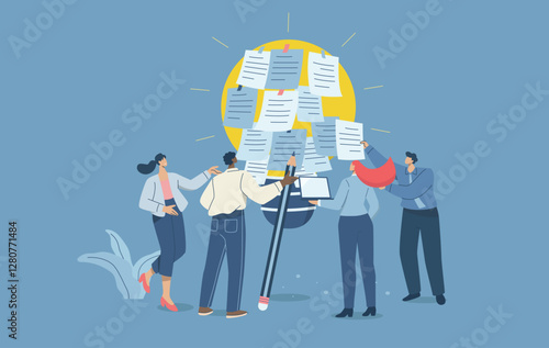 Brainstorming to gather and create new ideas, Corporate business workshop, Personal ideas written on sticky notes come together to form a big light bulb, Flat vector design illustration.