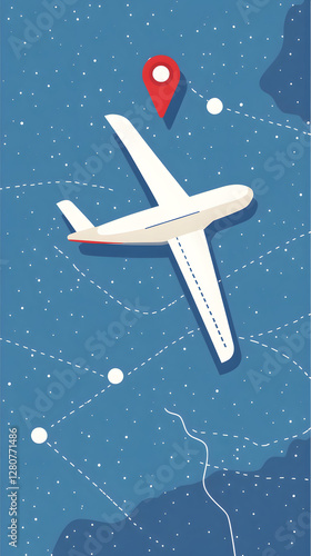 A simple vector graphic of an airplane flying, white dots on a blue background, and a red location pin
