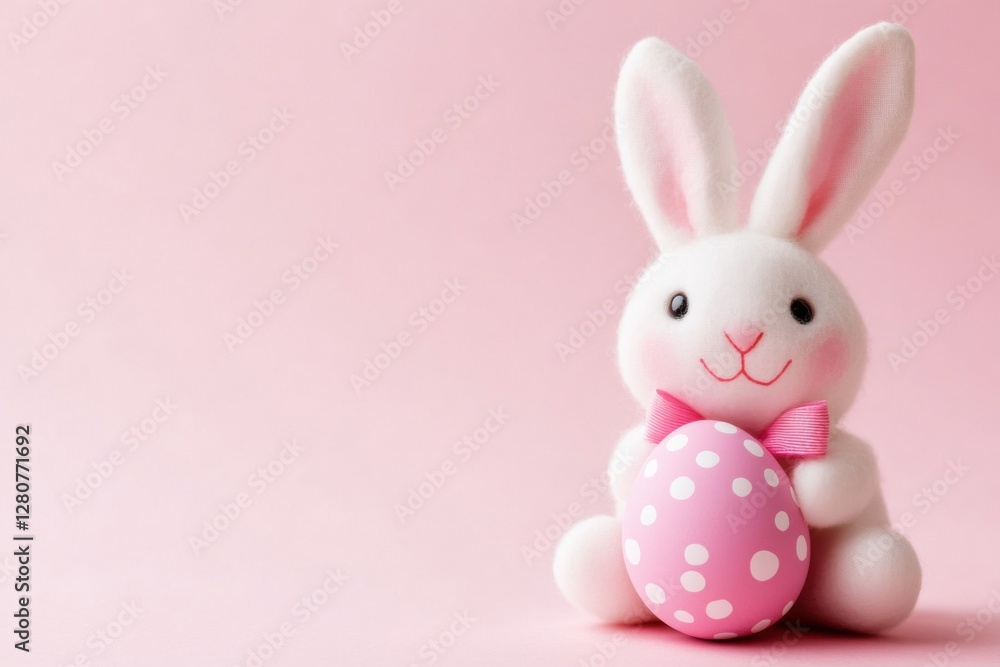 Easter bunny rabbit playing with pink painted egg on pink background. Easter concept, April holiday wallpaper. Copy space. Easter bunny rabbit playing with pink painted egg on pink background. Easter concept, April holiday wallpaper. Copy space.