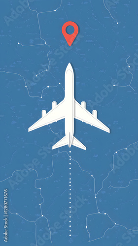 A simple vector graphic of an airplane flying, white dots on a blue background, and a red location pin

