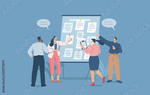 Business team brainstorming and discussing ideas in conference room with sticky notes on whiteboard, Team Q&A, Seminar to generate ideas for business success. Flat vector illustration.