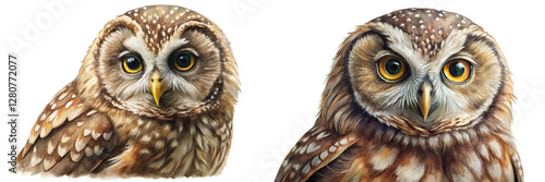 Realistic owl portraits, detailed feathers, expressive eyes, wildlife illustration, nature art, animal behavior, artistic rendering.