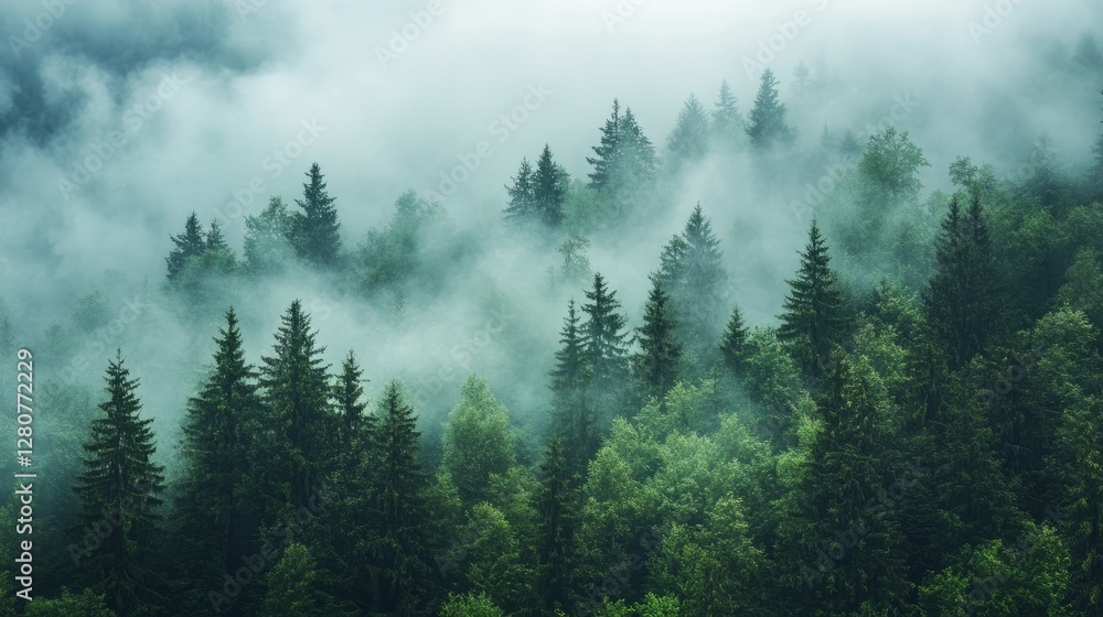 Dense fog rolling through a forest of evergreen trees mysterious and tranquil mood Dense fog rolling through a forest of evergreen trees mysterious and tranquil mood