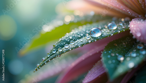 A macro perspective of dewdrops resting on the edges of leaves and petals, reflecting light and highlighting the richness of nature, isolated on a transparent background.

