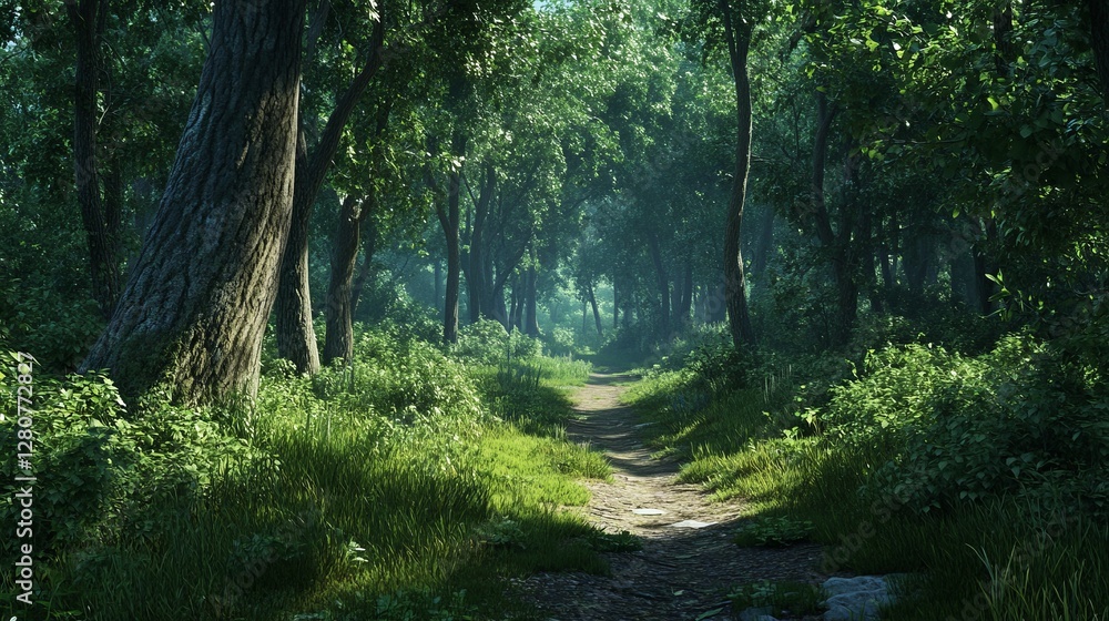 Path through a dense green forest with tall trees peaceful nature trail Path through a dense green forest with tall trees peaceful nature trail