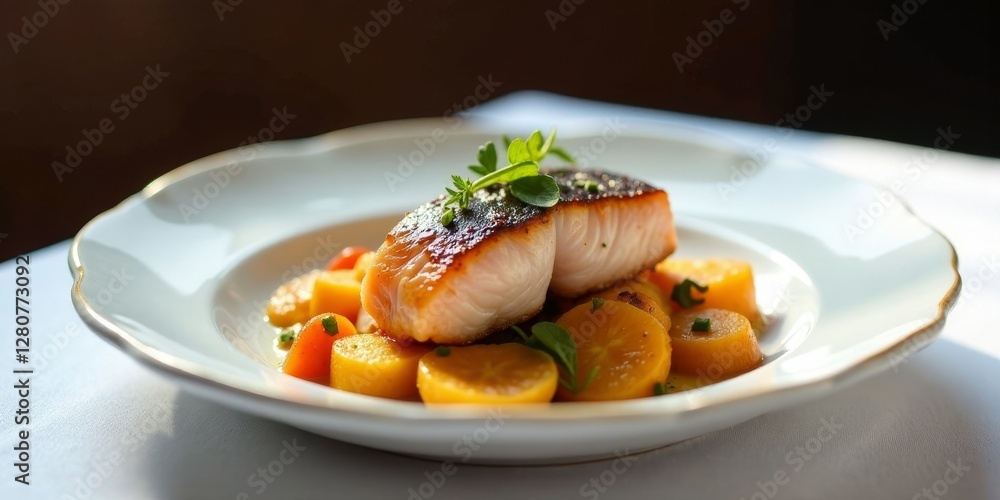 A Pan-Seared Fish Fillet with Roasted Root Vegetables Served on an Elegant Plate A Pan-Seared Fish Fillet with Roasted Root Vegetables Served on an Elegant Plate