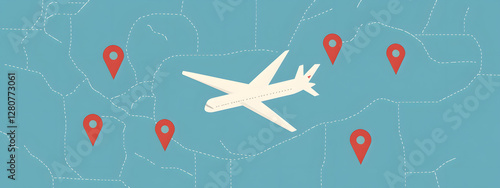 A simple vector graphic of an airplane flying, white dots on a blue background, and a red location pin
