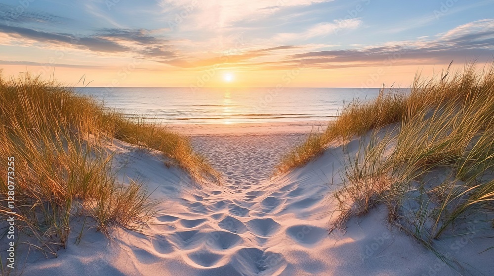 Pathway through sand dunes leading to a calm beach at sunset peaceful coastal scene Pathway through sand dunes leading to a calm beach at sunset peaceful coastal scene
