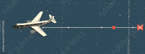 A simple vector graphic of an airplane flying, white dots on a blue background, and a red location pin
