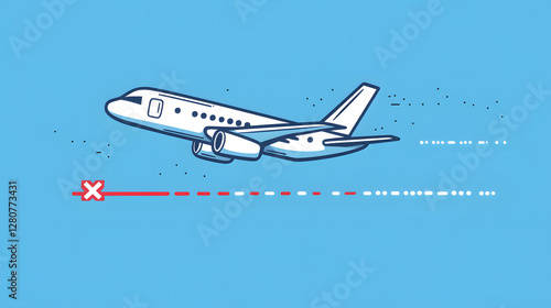 A simple vector graphic of an airplane flying, white dots on a blue background, and a red location pin
