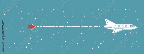 A simple vector graphic of an airplane flying, white dots on a blue background, and a red location pin
