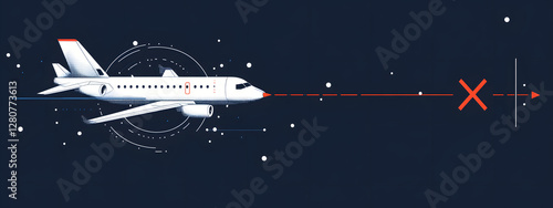 A simple vector graphic of an airplane flying, white dots on a blue background, and a red location pin
