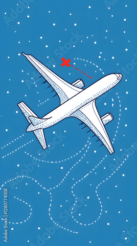 A simple vector graphic of an airplane flying, white dots on a blue background, and a red location pin
