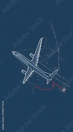 A simple vector graphic of an airplane flying, white dots on a blue background, and a red location pin
