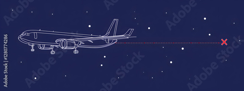 A simple vector graphic of an airplane flying, white dots on a blue background, and a red location pin
